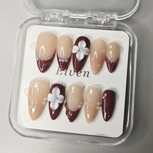 Nude And Red Handmade Press On Nails With White Floral And Pearls Medium Almond